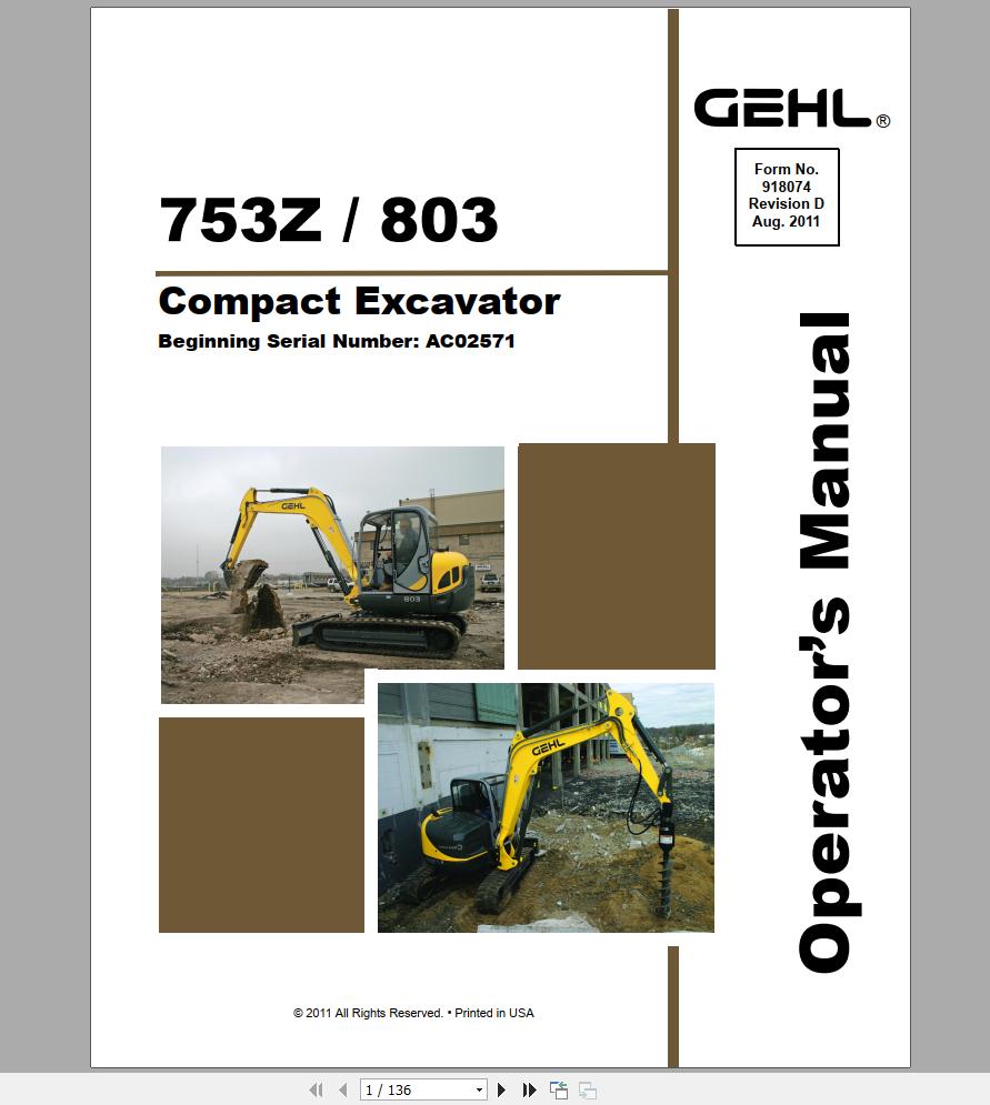 Gehl Compact Excavator 753Z GE803 Operators Manual 918074 08 1