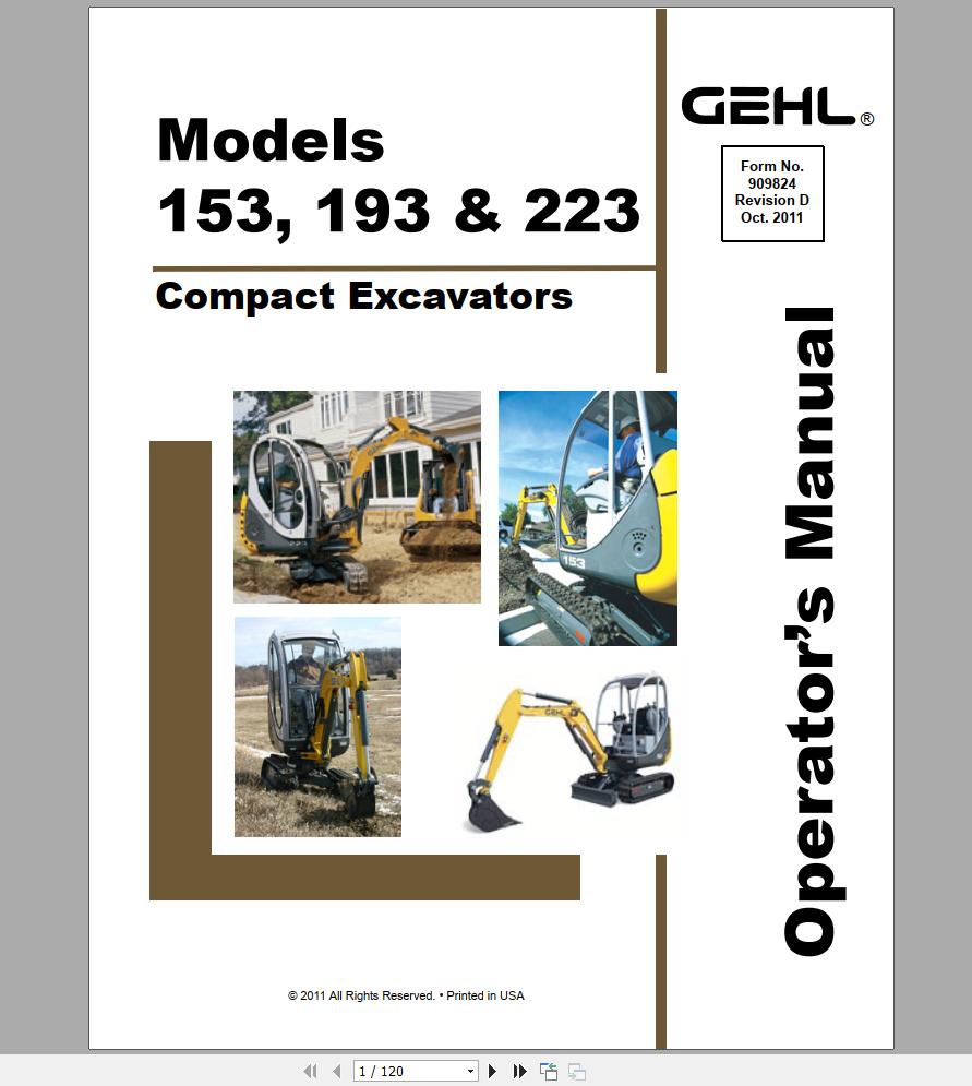 Gehl Compact Excavator GE153 GE193 GE223 Operators Manual 909824 10 1