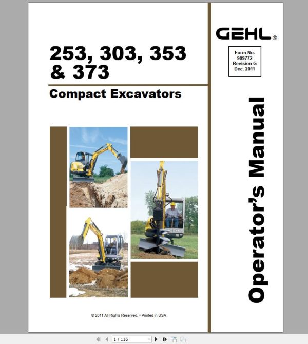Gehl Compact Excavator GE253 GE303 GE353 GE373 Operators Manual 909772 12 1