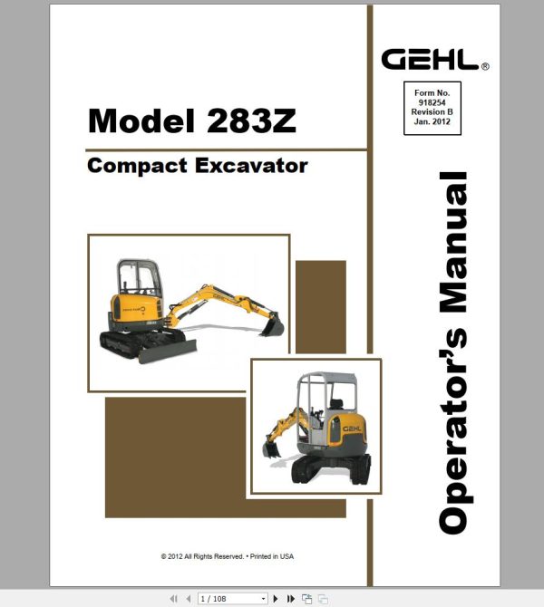 Gehl Compact Excavator GE283Z Operators Manual 918254 01 1