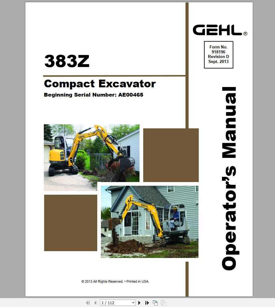 Gehl Compact Excavator GE383Z AE00465 Operators Manual 918196 09 1
