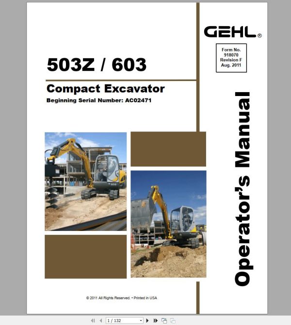 Gehl Compact Excavator GE503Z GE603 Operators Manual 918070 08 1