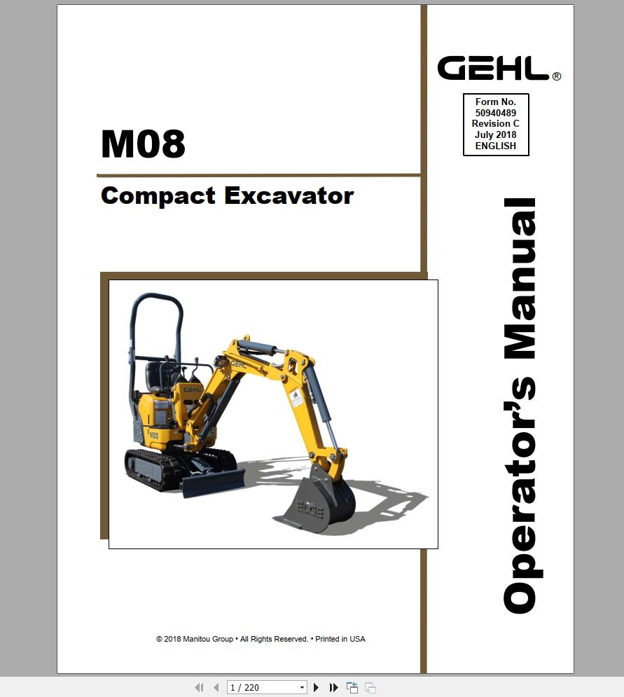 Gehl Compact Excavator M08 Operators Manual 50940489 07 1