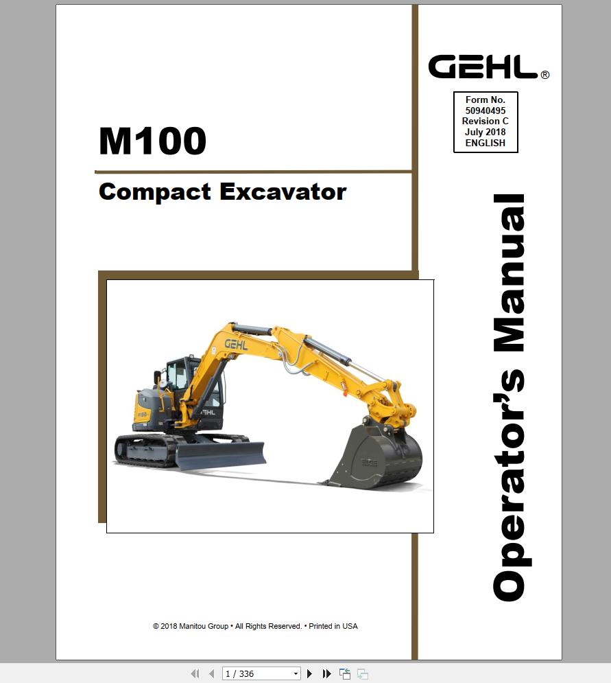 Gehl Compact Excavator M100 Operators Manual 50940495 07 1