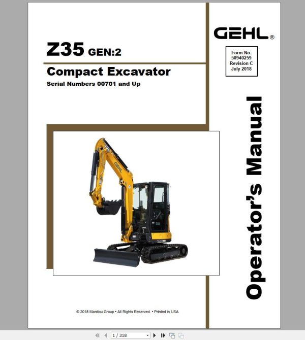 Gehl Compact Excavator Z35 Gen2 S.N 00701 and Up Operators Manual 50940259 07 1