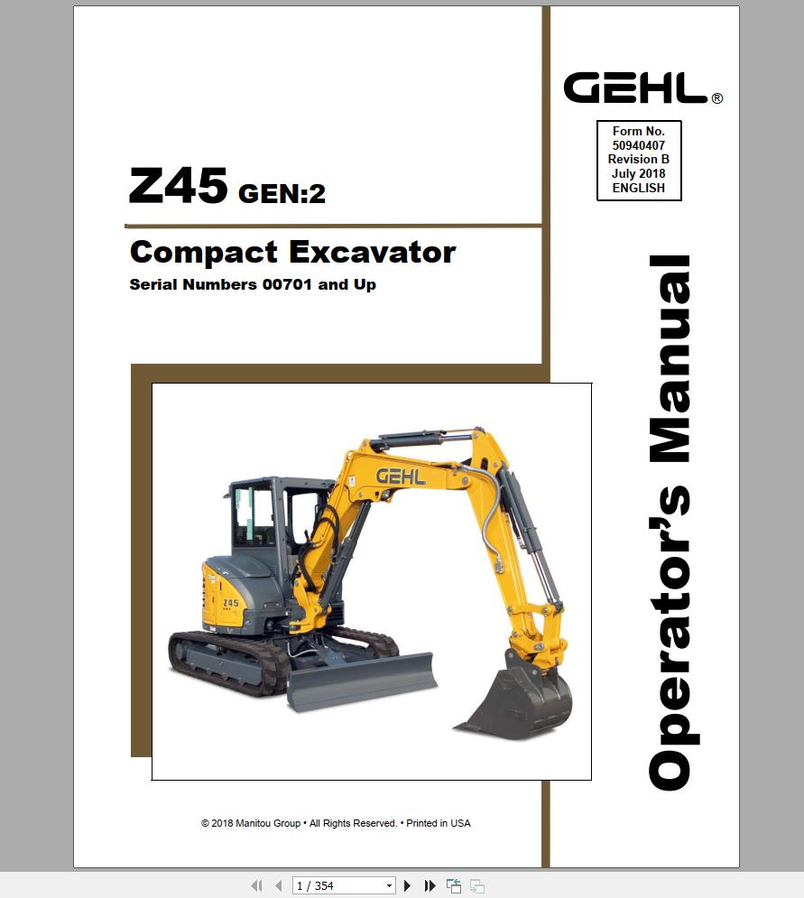 Gehl Compact Excavator Z45 Gen2 S.N 00701 and Up Operators Manual 50940407 07 1