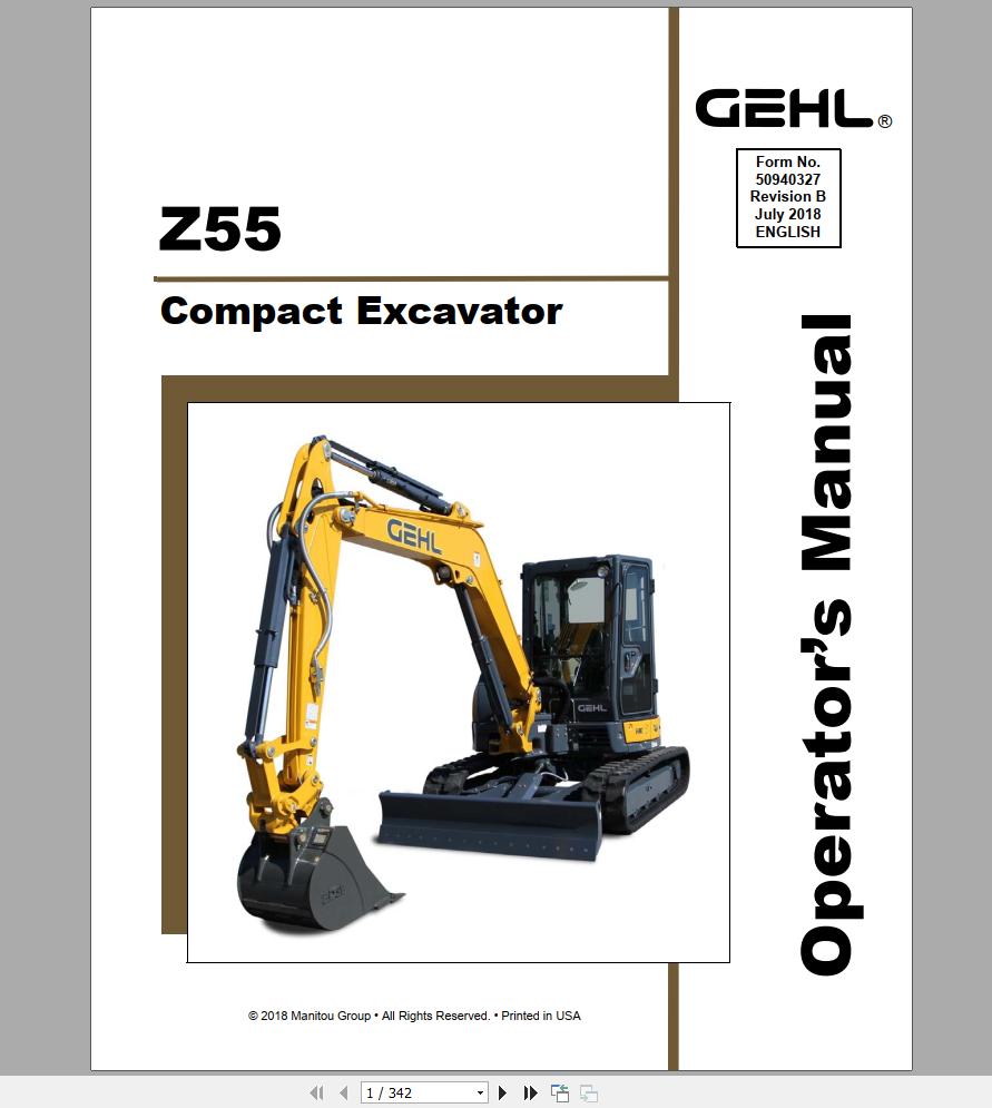 Gehl Compact Excavator Z55 Operators Manual 50940327 07 1