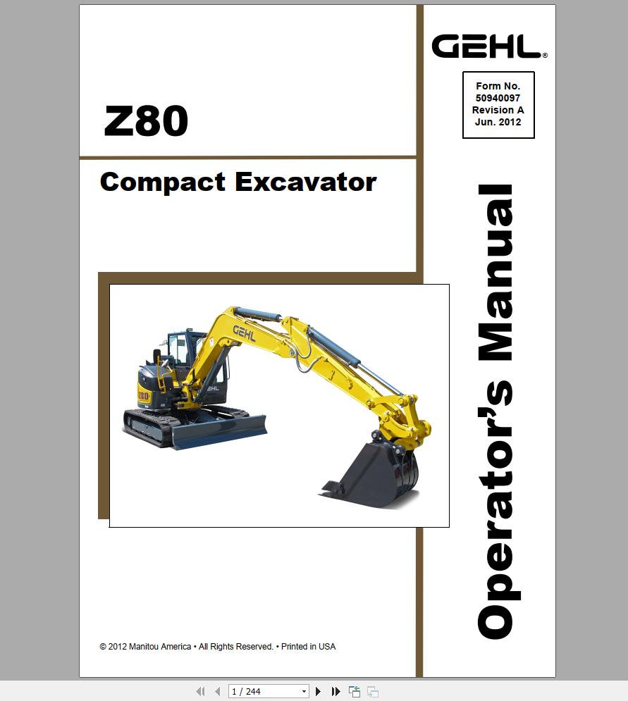 Gehl Compact Excavator Z80 S.N 00700 before Operators Manual 50940097 06 1