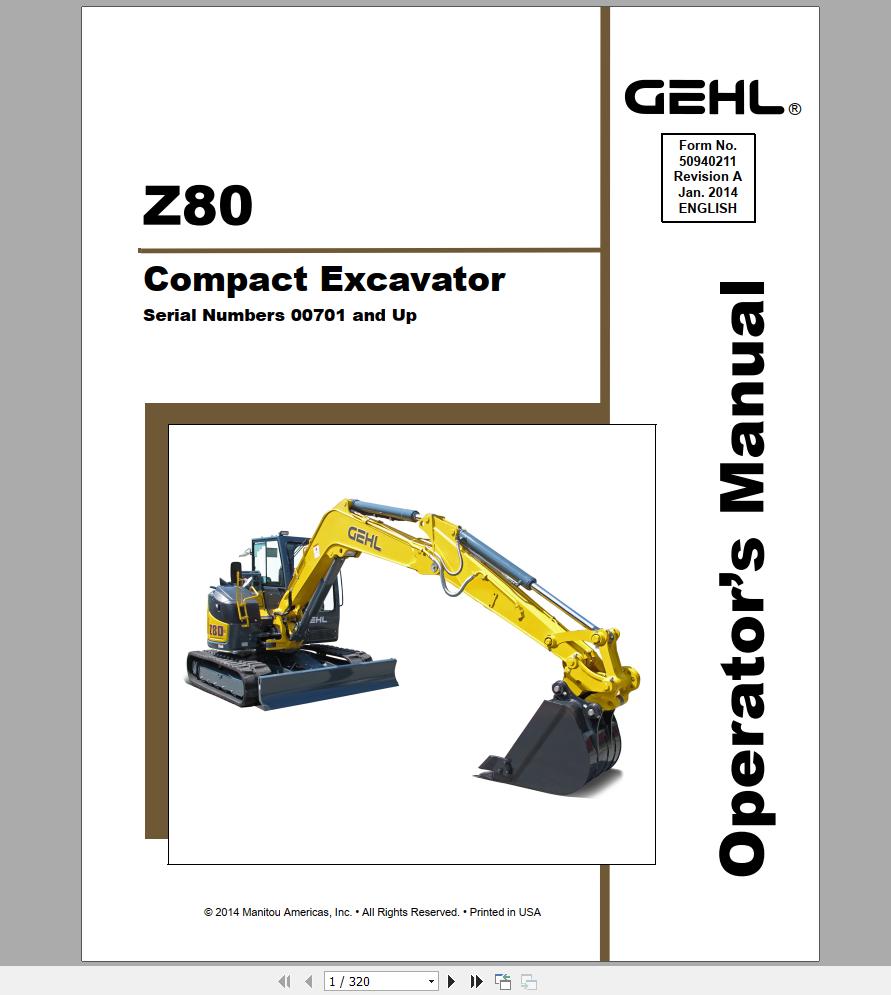 Gehl Compact Excavator Z80 S.N 00701 00900 Operators Manual 50940211 01 1