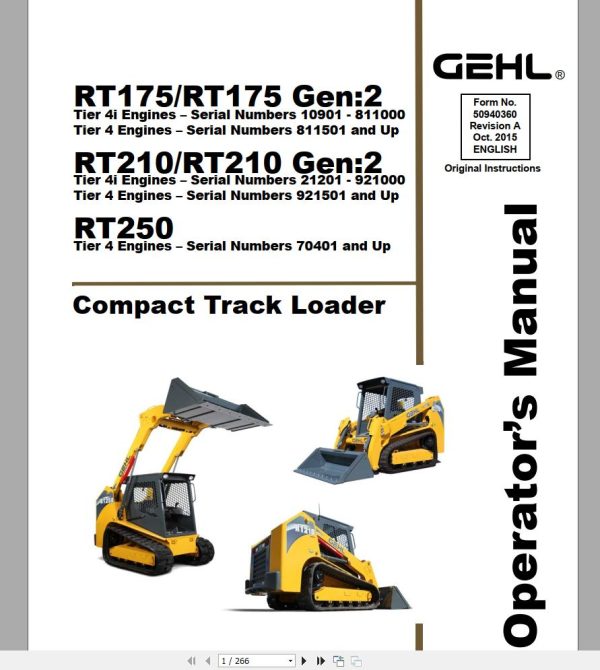 Gehl Compact Track Loader RT175 RT175 GEN2 RT210 RT210 GEN2 RT250 Operators Manual 50940360 10 1