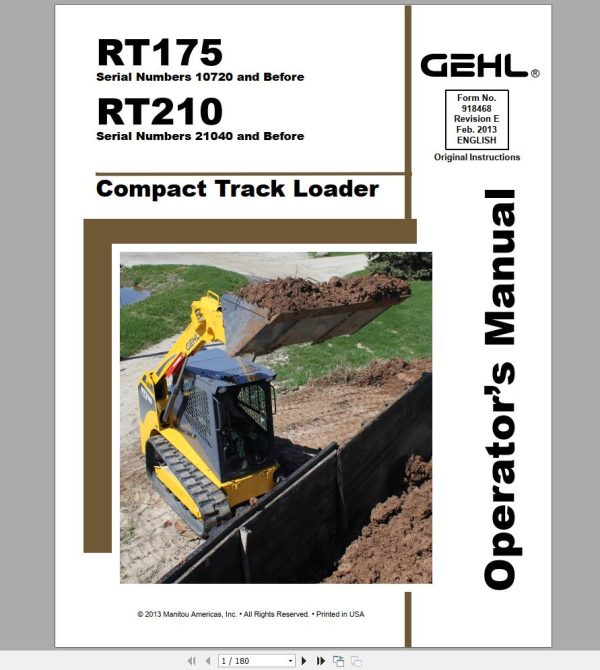 Gehl Compact Track Loader RT175 RT210 Operators Manual 918468 02 1