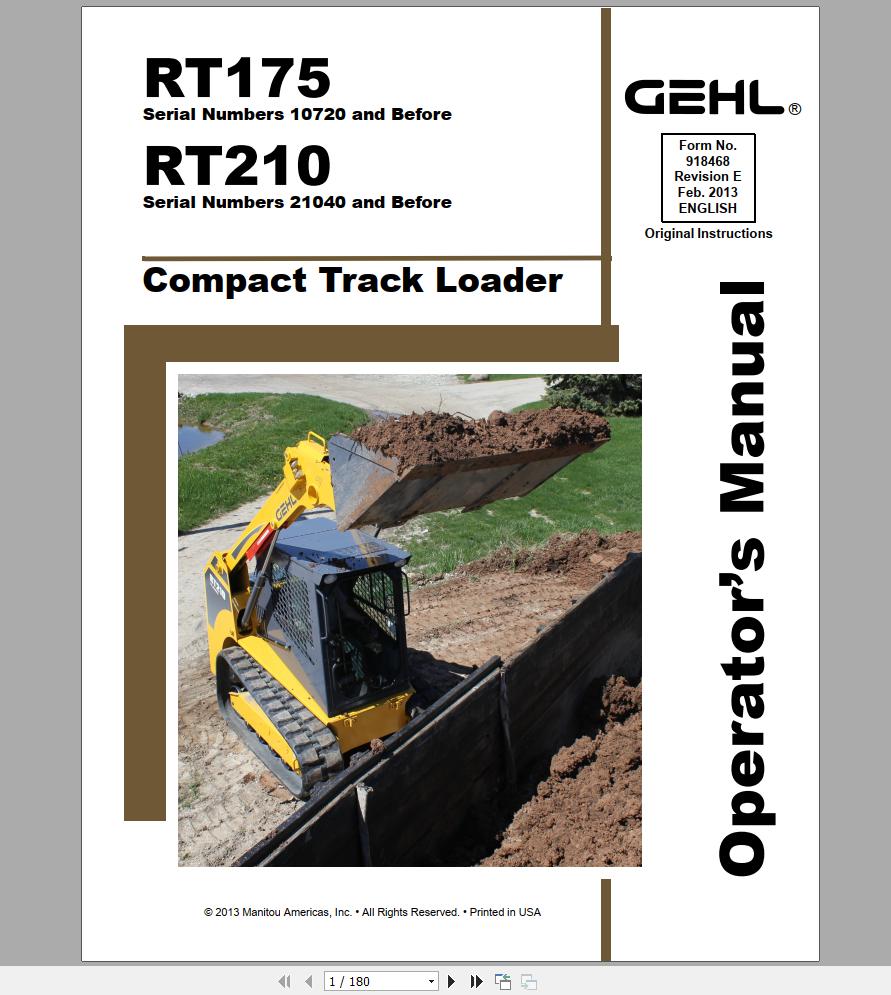Gehl Compact Track Loader RT175 RT210 Operators Manual 918468 02 1