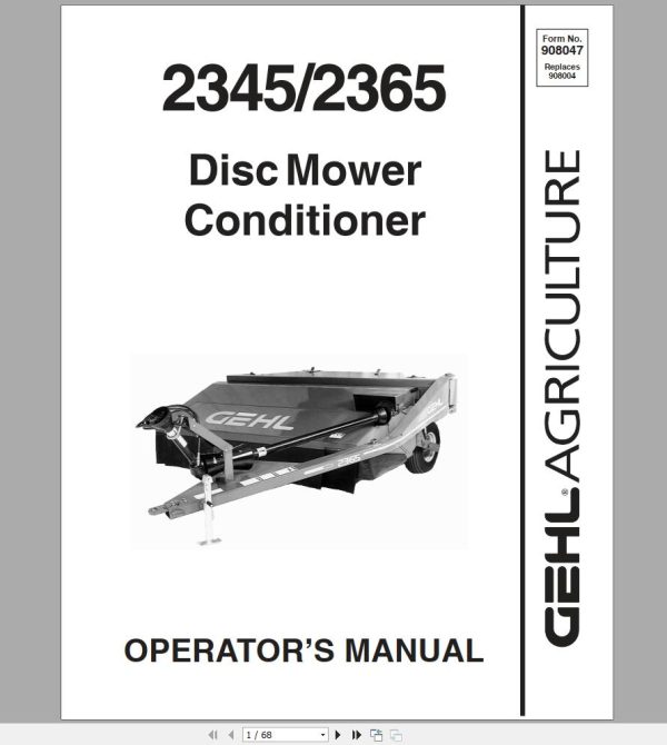 Gehl Disc Mower Conditioner 2345 2365 Operators Manual 908047 1