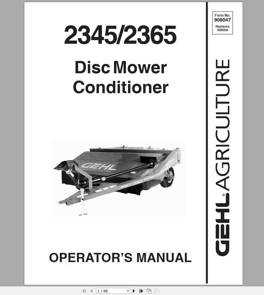 Gehl Disc Mower Conditioner 2345 2365 Operators Manual 908047 1