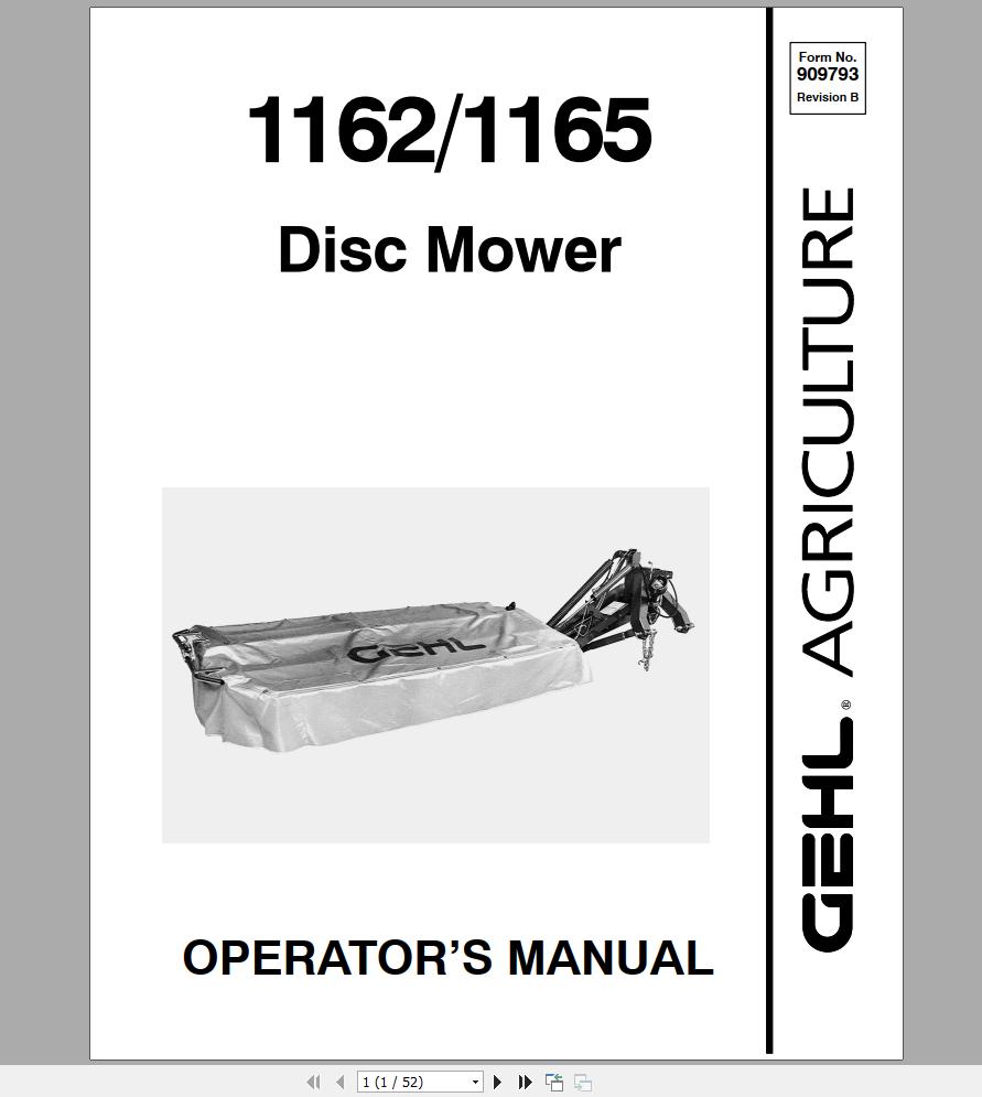 Gehl Disc Mower DM1162 DM1165 Operators Manual 909793B 1
