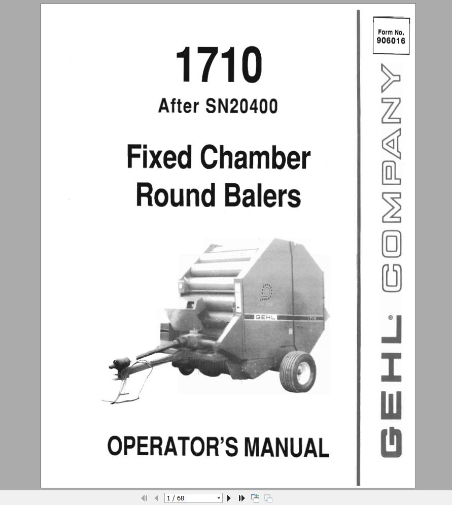 Gehl Fixed Chamber Round Baler RB1710 Operators Manual 906016A 1