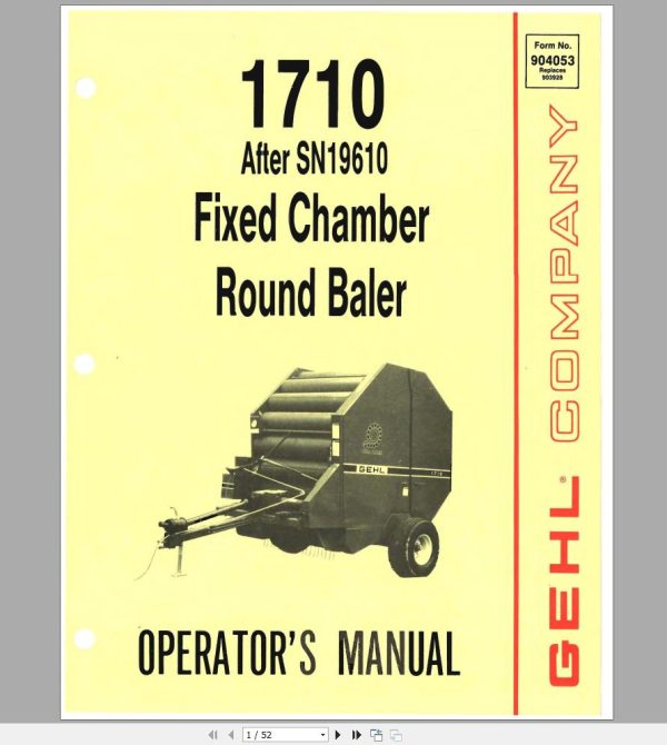 Gehl Fixed Chamber Round Baler RB1710 SN 20400 and Before Operators Manual 904053A 1