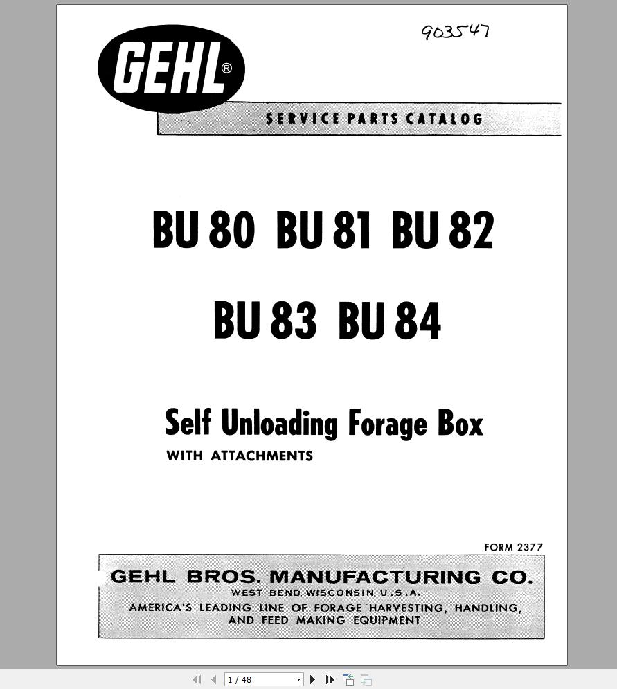 Gehl Forage Box BU80 BU81 BU82 BU83 BU84 Operators Manual 903547A 1