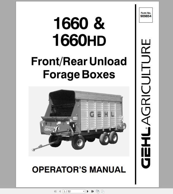 Gehl Front Rear Unload Forage Box FX1660 Operators Manual 909854A 1