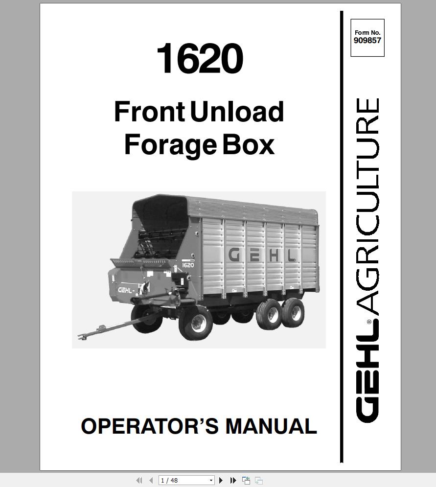 Gehl Front Unload Forage Box FX1620 Operators Manual 909857A 1