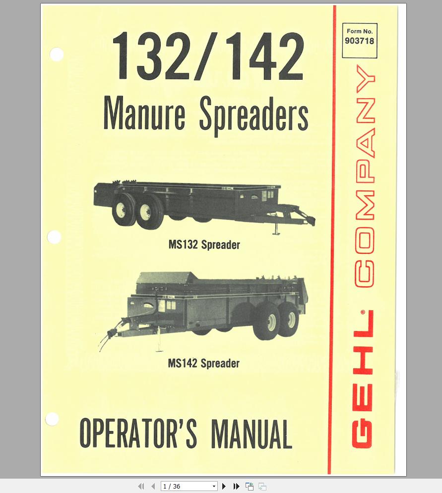 Gehl Manure Spreader MS132 MS142 Operators Manual 903718A 1