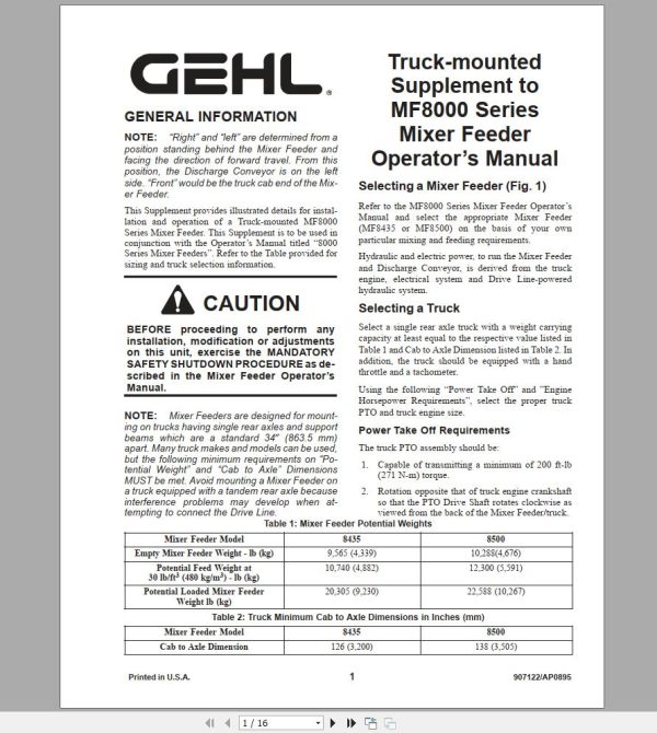 Gehl Mixer Feeder MF8435 MF8500 Operators Manual 907122A 1