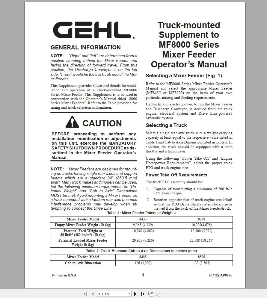Gehl Mixer Feeder MF8435 MF8500 Operators Manual 907122A 1