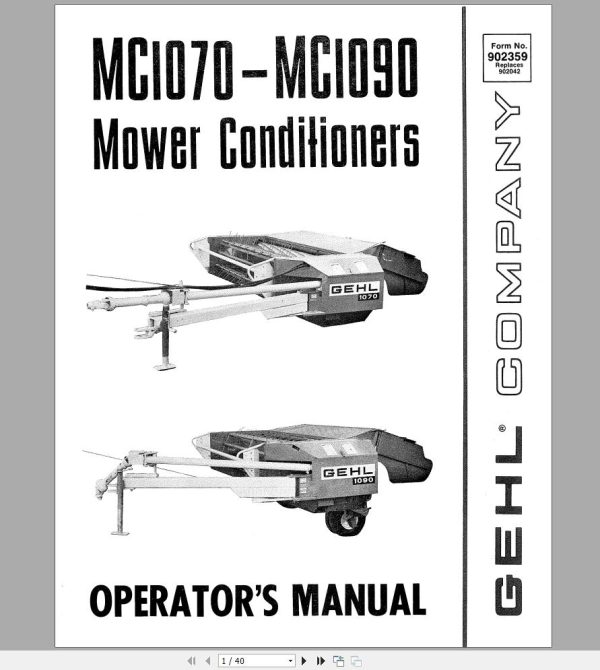 Gehl Mower Conditioner MC1070 MC1090 Operators Manual 902359A 1