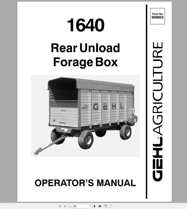 Gehl Rear Unload Forage Box FX1640 Operators Manual 909855 1
