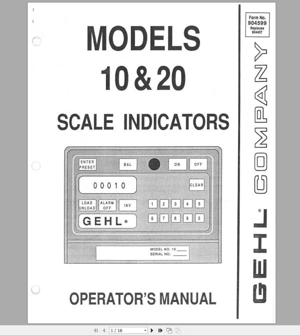 Gehl Scale Indicators 10 20 43028 Operators Manual 904599A 1