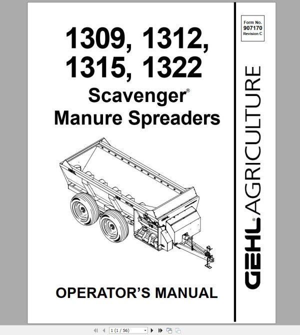 Gehl Scavenger Manure Spreaders MS1309 MS1312 MS1315 MS1322 Operators Manual 907170C 1