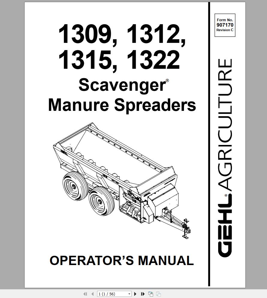 Gehl Scavenger Manure Spreaders MS1309 MS1312 MS1315 MS1322 Operators Manual 907170C 1