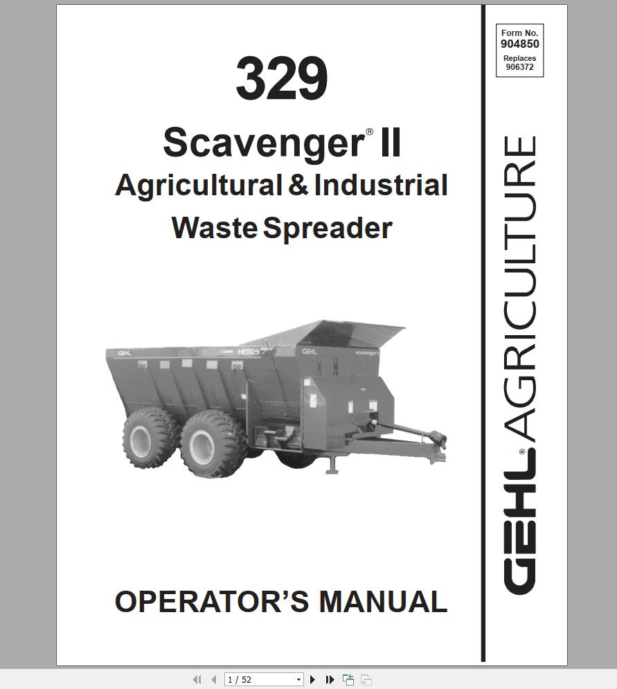Gehl Scavenger Waste Spreaders HD329 MS329 Operators Manual 904850A 1