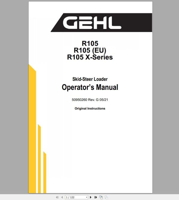 Gehl Skid Steer Loader R105 R105EU R105 X Series Operators Manual 50950260G 1