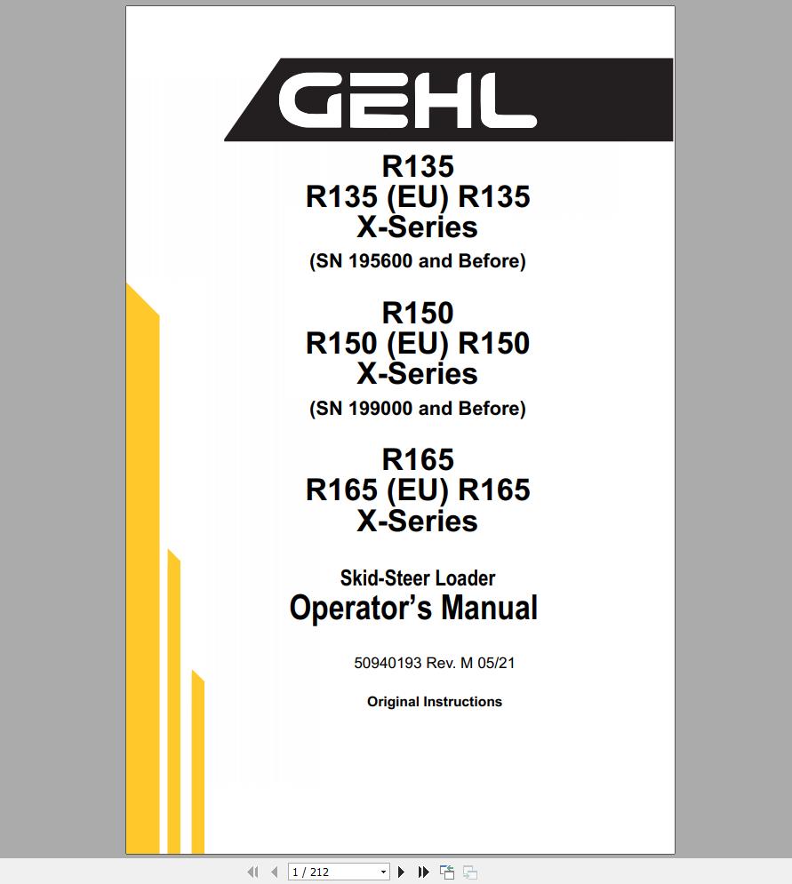 Gehl Skid Steer Loader R135 R150 R165 EU X Series Operators Manual 50940193M 05 1