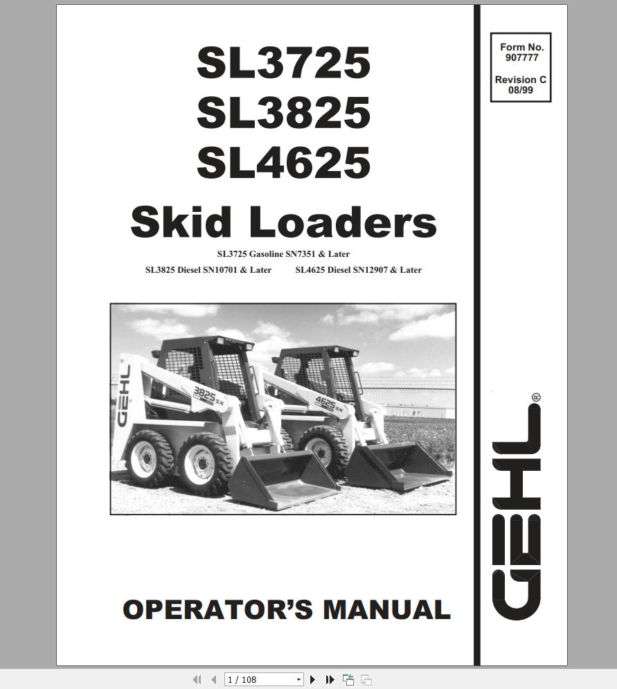Gehl Skid Steer Loader SL3725 SL3825 SL4625 Operators Manual 907777 1