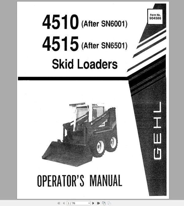 Gehl Skid Steer Loader SL4510 SL4515 Operators Manual 904586A 1