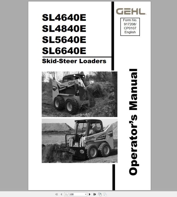 Gehl Skid Steer Loader SL4640E SL4840E SL5640E SL6640E Operators Manual 917208C 1