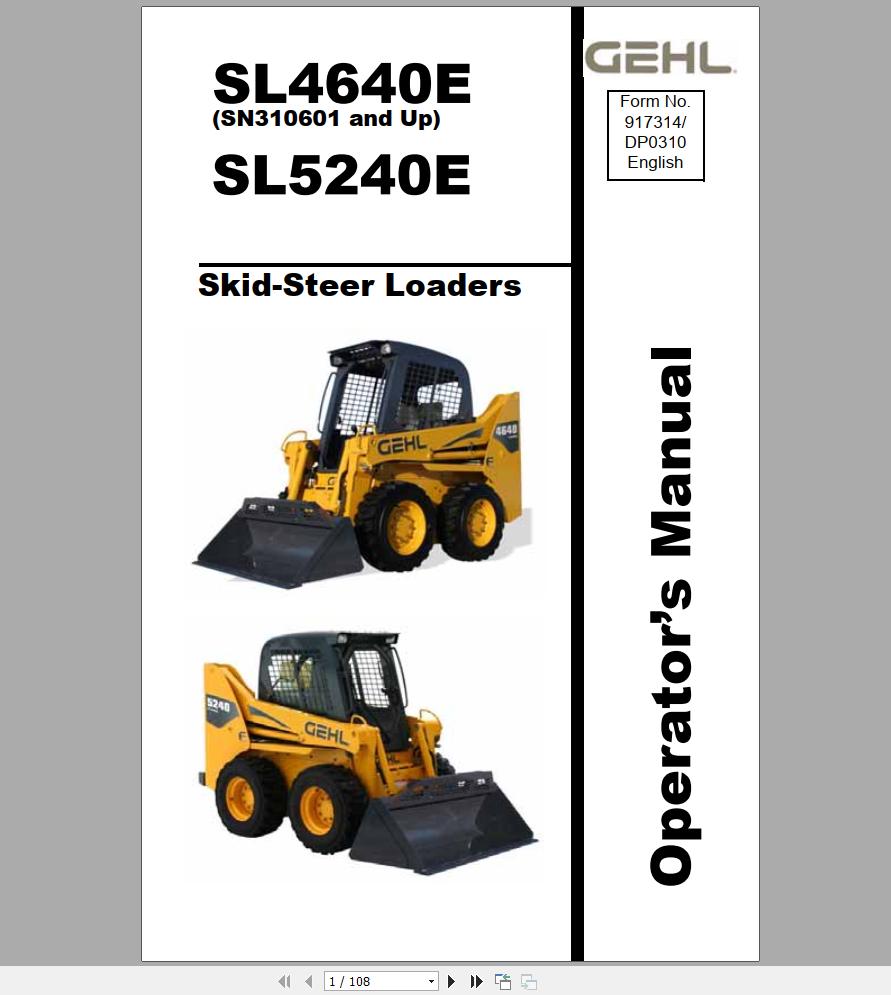 Gehl Skid Steer Loader SL4640E SL5240E Operators Manual 917314D 1