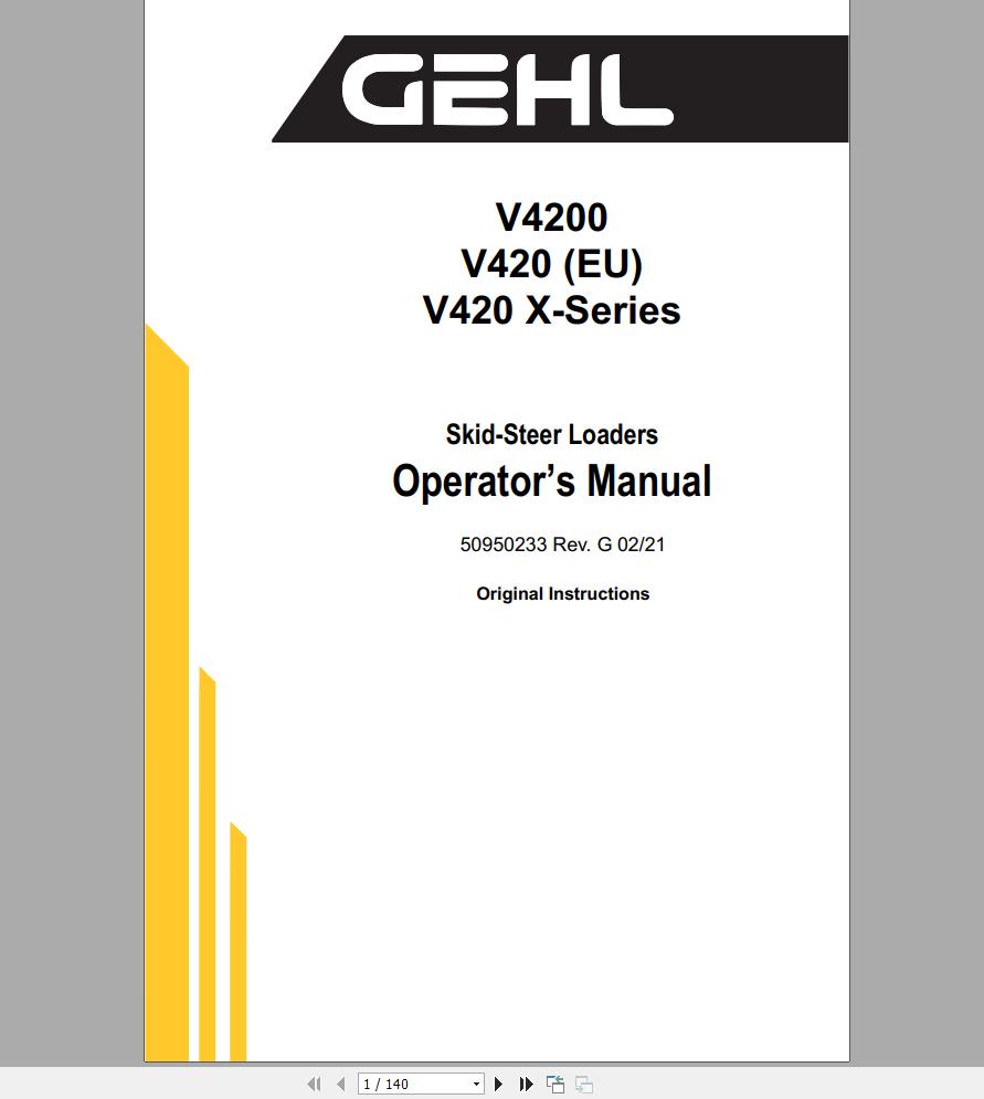 Gehl Skid Steer Loader V420 V420EU V420 X Series Operators Manual 50950233G 02 1