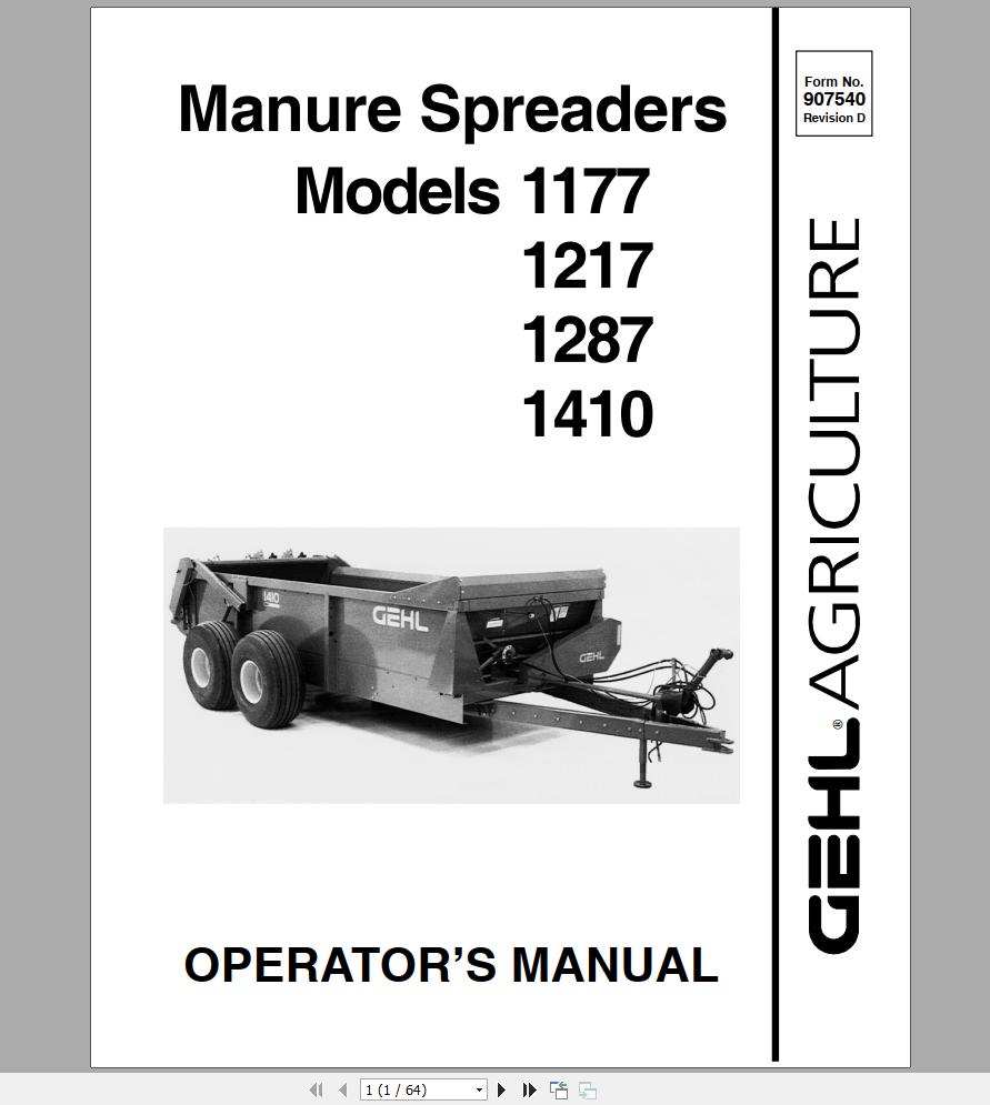 Gehl Spreaders MS1177 MS1217 MS1287 MS1410 Operators Manual 907540D 1