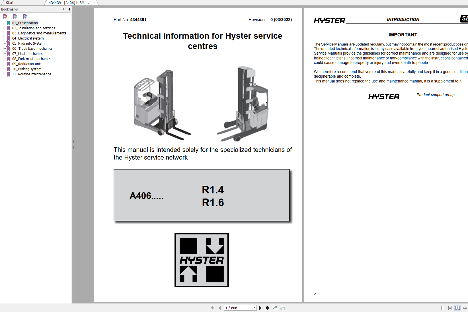 Hyster Forklift Claas 2 A406 R1.4 R1.6 Service Manual 03.2022 1