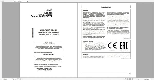 John Deere Wheel Loader 544K Operator Manual OMT231639 2