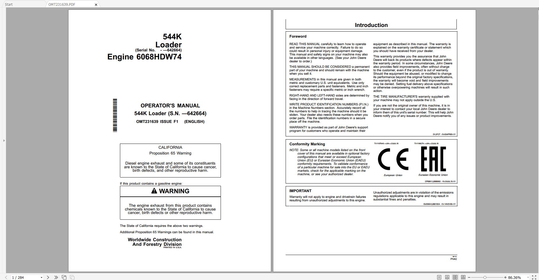 John Deere Wheel Loader 544K Operator Manual OMT231639 2