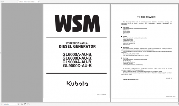 Kubota Diesel Generator GL6000A AU B GL6000D AU B GL9000AAU B GL9000D AU B Workshop Manual 1