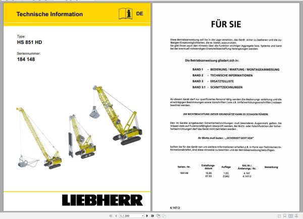 Liebherr Crawler Crane HS 851 HD 184148 Technical Information Parts Manual Operating Manual 1993 EN DE