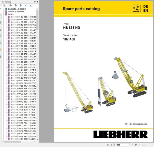 Liebherr Crawler Crane HS 885 HD 187438 Technical Information Parts Manual Operating Manual 2009 EN DE 2