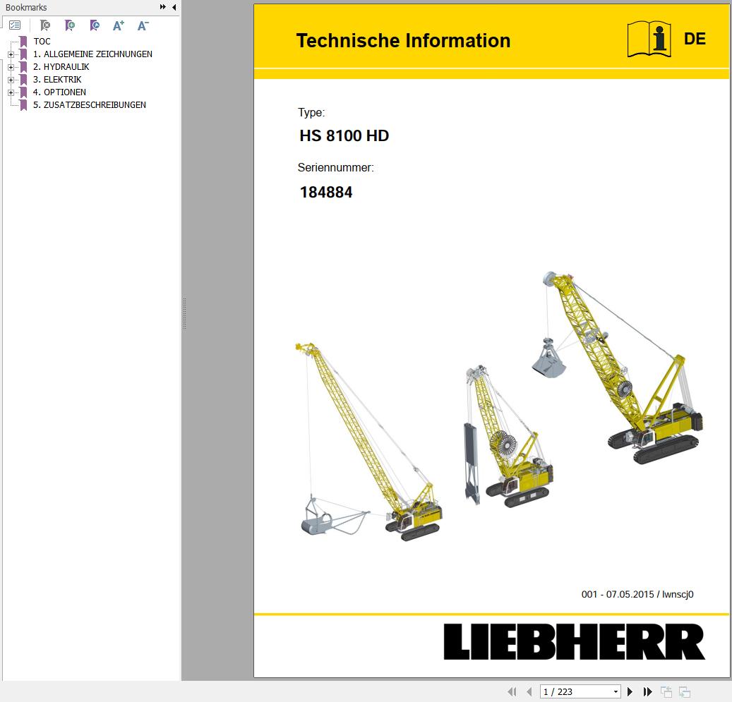 Liebherr Crawler Crane HS8100 HD 184884 Technical Information Parts Manual Operating Manual 2015 EN DE 2