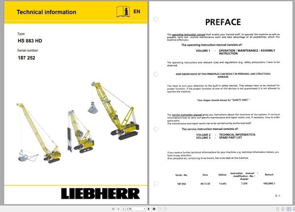 Liebherr Crawler Crane HS833 HD 187252 Technical Information Parts Manual Operating Manual 1999 EN DE
