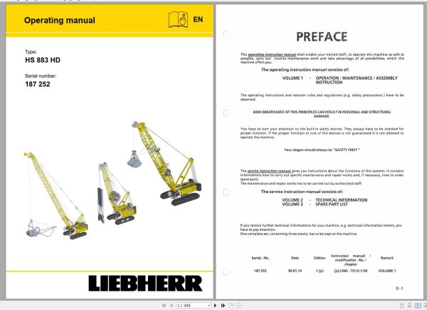 Liebherr Crawler Crane HS833 HD 187252 Technical Information Parts Manual Operating Manual 1999 EN DE 1